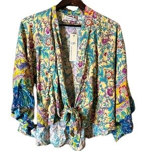 Paparazzi Yellow Blue Tapestry Floral Viscose Shoulder Shrug Sweater Sz S/M NWT